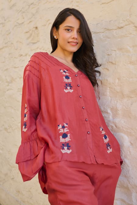 Shop_Ayaka_Red Cotton, Viscose Embroidery V-neck Pearl Floral Hand Top _Online_at_Aza_Fashions