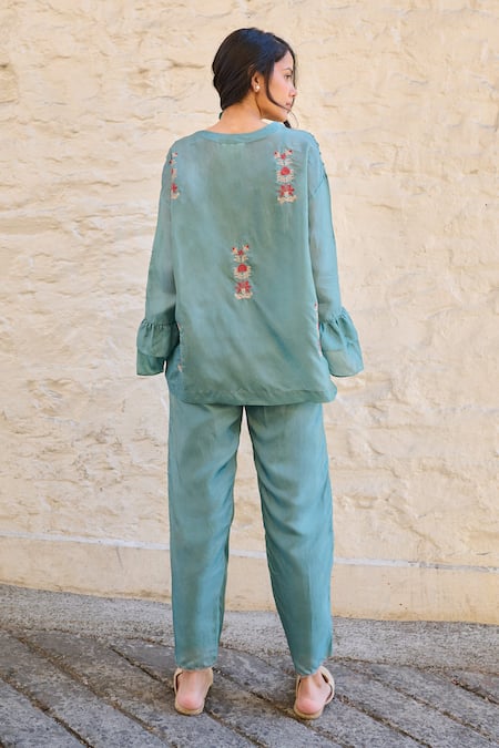 Shop Ayaka Blue Cotton, Viscose Embroidery V-neck Pearl Flower Hand Top at Aza Fashions Shop_Ayaka_Blue Cotton, Viscose Embroidery V-neck Pearl Flower Hand Top _at_Aza_Fashions