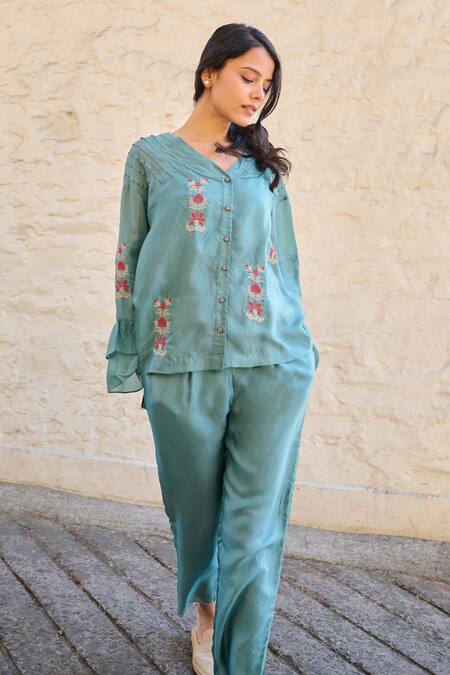 Buy Ayaka Blue Cotton, Viscose Embroidery V-neck Pearl Flower Hand Top Online at Aza Fashions Buy_Ayaka_Blue Cotton, Viscose Embroidery V-neck Pearl Flower Hand Top _Online_at_Aza_Fashions