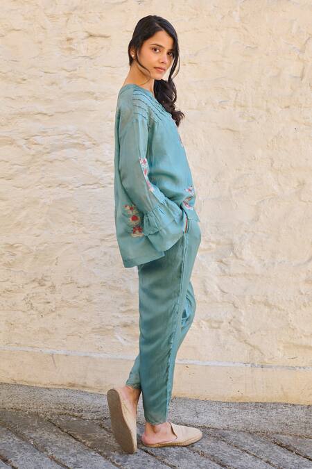 Shop Ayaka Blue Cotton, Viscose Embroidery V-neck Pearl Flower Hand Top Online at Aza Fashions Shop_Ayaka_Blue Cotton, Viscose Embroidery V-neck Pearl Flower Hand Top _Online_at_Aza_Fashions