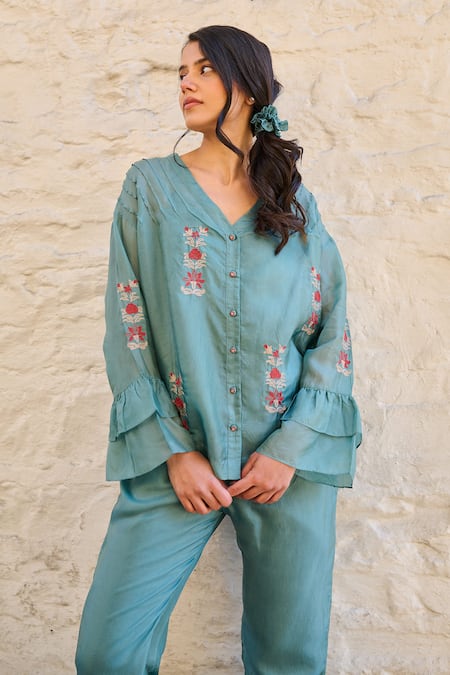 Ayaka Blue Cotton, Viscose Embroidery V-neck Pearl Flower Hand Top at Aza Fashions Ayaka_Blue Cotton, Viscose Embroidery V-neck Pearl Flower Hand Top _at_Aza_Fashions