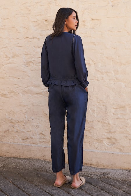 Shop Ayaka Blue Viscose Embroidery Mandarin Collar Joy Hand Panel Top at Aza Fashions Shop_Ayaka_Blue Viscose Embroidery Mandarin Collar Joy Hand Panel Top _at_Aza_Fashions