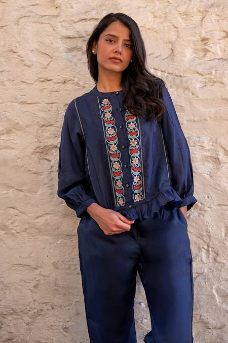 Buy Ayaka Blue Viscose Embroidery Mandarin Collar Joy Hand Panel Top Online at Aza Fashions Buy_Ayaka_Blue Viscose Embroidery Mandarin Collar Joy Hand Panel Top _Online_at_Aza_Fashions