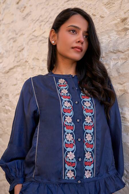 Shop Ayaka Blue Viscose Embroidery Mandarin Collar Joy Hand Panel Top Online at Aza Fashions Shop_Ayaka_Blue Viscose Embroidery Mandarin Collar Joy Hand Panel Top _Online_at_Aza_Fashions