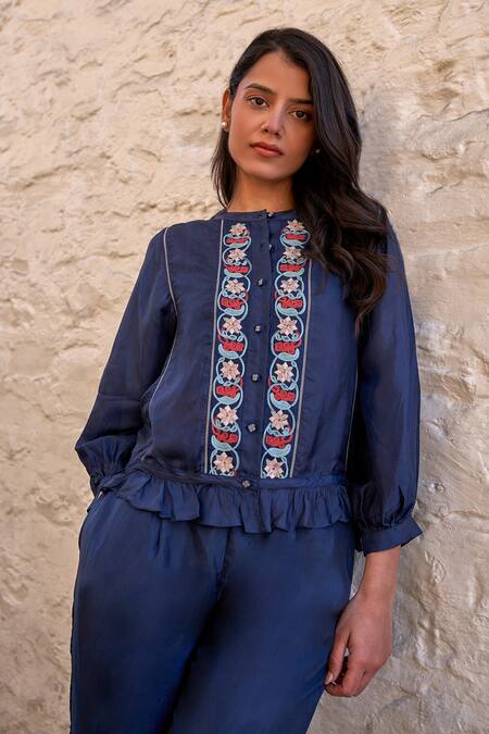 Ayaka Blue Viscose Embroidery Mandarin Collar Joy Hand Panel Top at Aza Fashions Ayaka_Blue Viscose Embroidery Mandarin Collar Joy Hand Panel Top _at_Aza_Fashions