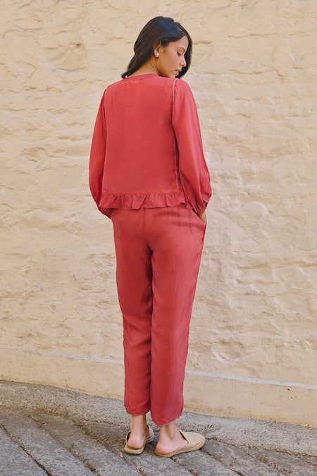 Shop Ayaka Red Viscose Embroidery Mandarin Collar Joy Floral Hand Panel Top at Aza Fashions Shop_Ayaka_Red Viscose Embroidery Mandarin Collar Joy Floral Hand Panel Top _at_Aza_Fashions