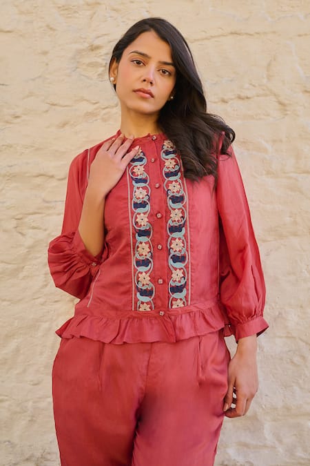 Ayaka Red Viscose Embroidery Mandarin Collar Joy Floral Hand Panel Top Online at Aza Fashions Ayaka_Red Viscose Embroidery Mandarin Collar Joy Floral Hand Panel Top _Online_at_Aza_Fashions