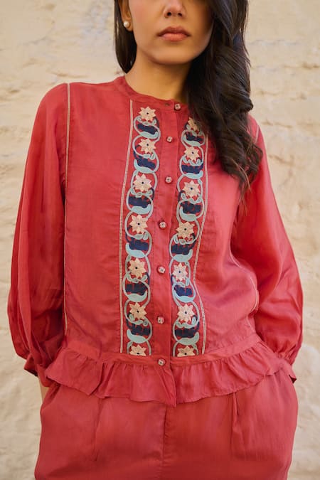 Buy Ayaka Red Viscose Embroidery Mandarin Collar Joy Floral Hand Panel Top Online at Aza Fashions Buy_Ayaka_Red Viscose Embroidery Mandarin Collar Joy Floral Hand Panel Top _Online_at_Aza_Fashions