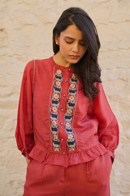Shop Ayaka Red Viscose Embroidery Mandarin Collar Joy Floral Hand Panel Top Online at Aza Fashions Shop_Ayaka_Red Viscose Embroidery Mandarin Collar Joy Floral Hand Panel Top _Online_at_Aza_Fashions