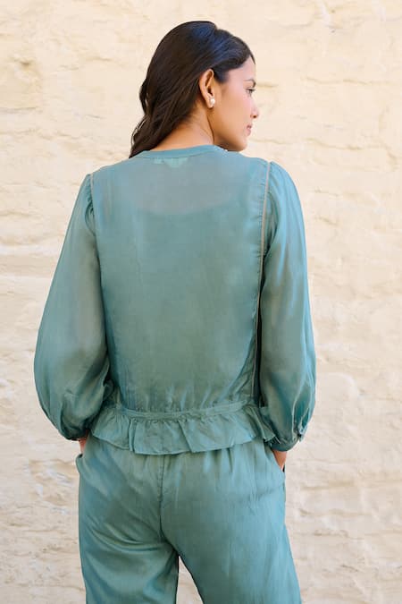 Shop Ayaka Blue Viscose Embroidery Mandarin Collar Joy Flower Hand Panel Top at Aza Fashions Shop_Ayaka_Blue Viscose Embroidery Mandarin Collar Joy Flower Hand Panel Top _at_Aza_Fashions