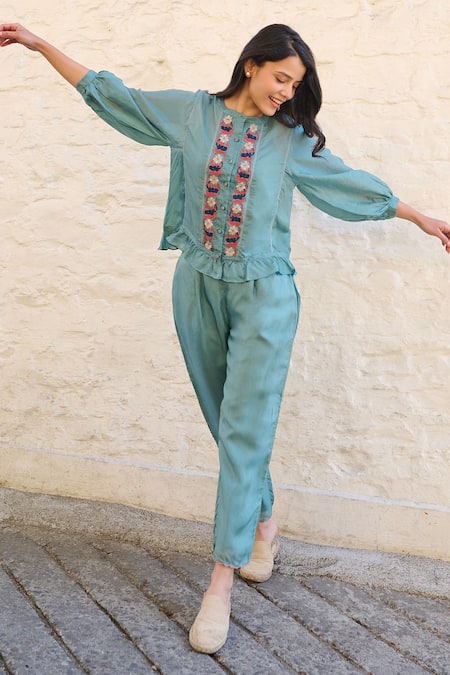 Ayaka Blue Viscose Embroidery Mandarin Collar Joy Flower Hand Panel Top Online at Aza Fashions Ayaka_Blue Viscose Embroidery Mandarin Collar Joy Flower Hand Panel Top _Online_at_Aza_Fashions