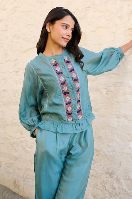 Buy Ayaka Blue Viscose Embroidery Mandarin Collar Joy Flower Hand Panel Top Online at Aza Fashions Buy_Ayaka_Blue Viscose Embroidery Mandarin Collar Joy Flower Hand Panel Top _Online_at_Aza_Fashions