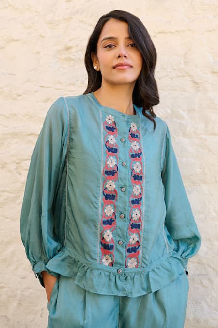 Shop Ayaka Blue Viscose Embroidery Mandarin Collar Joy Flower Hand Panel Top Online at Aza Fashions Shop_Ayaka_Blue Viscose Embroidery Mandarin Collar Joy Flower Hand Panel Top _Online_at_Aza_Fashions