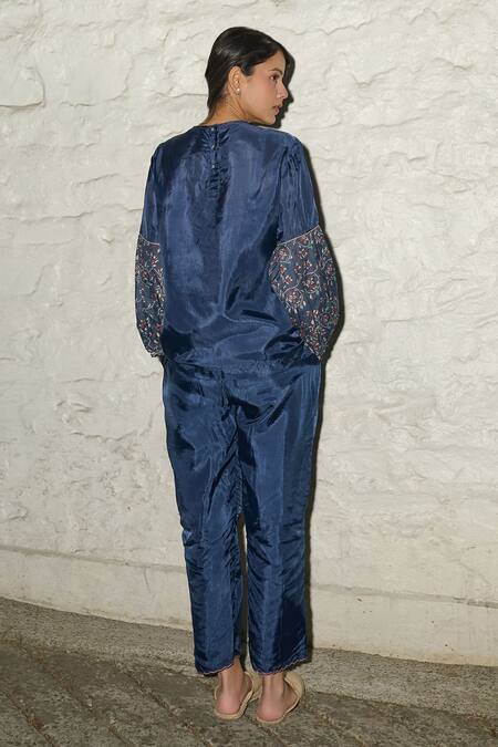 Shop Ayaka Blue Cotton, Viscose Embroidery Round Neck Navy Hand Block Print Sleeve Top at Aza Fashions Shop_Ayaka_Blue Cotton, Viscose Embroidery Round Neck Navy Hand Block Print Sleeve Top _at_Aza_Fashions