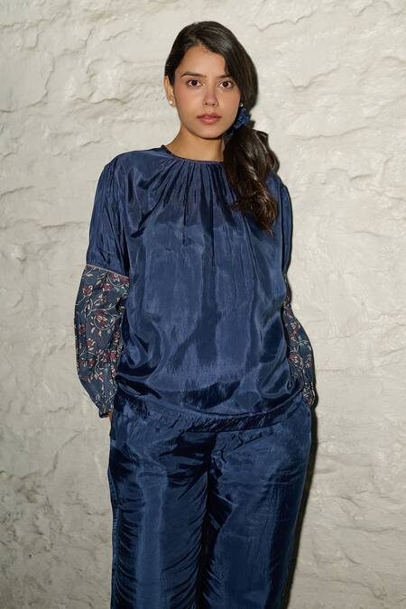 Ayaka Blue Cotton, Viscose Embroidery Round Neck Navy Hand Block Print Sleeve Top at Aza Fashions Ayaka_Blue Cotton, Viscose Embroidery Round Neck Navy Hand Block Print Sleeve Top _at_Aza_Fashions