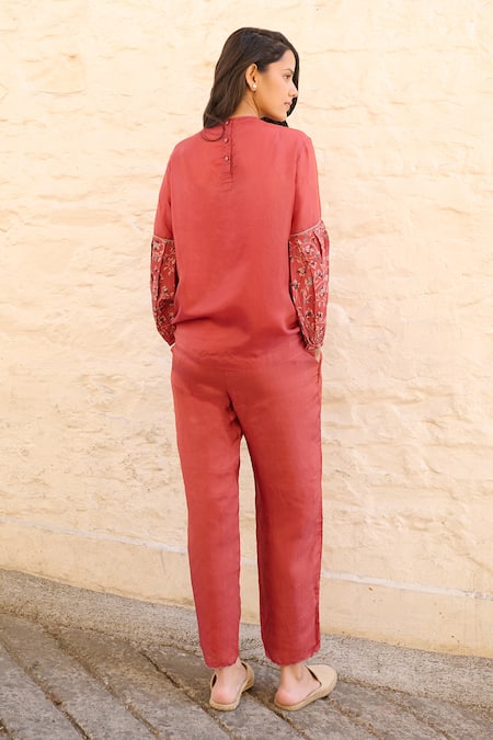 Shop Ayaka Red Cotton, Viscose Embroidery Round Judy Floral Hand Block Print Sleeve Top at Aza Fashions Shop_Ayaka_Red Cotton, Viscose Embroidery Round Judy Floral Hand Block Print Sleeve Top _at_Aza_Fashions