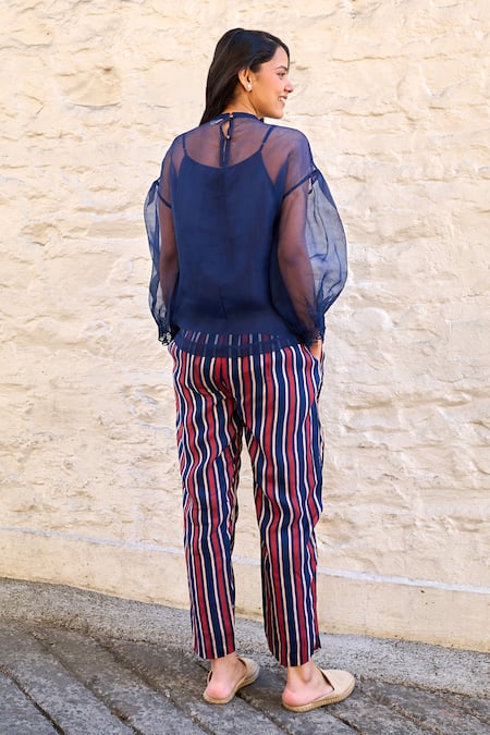 Shop Ayaka Blue Silk Organza, Viscose Embroidery Round Neck Pam Yoke Sheer Top at Aza Fashions Shop_Ayaka_Blue Silk Organza, Viscose Embroidery Round Neck Pam Yoke Sheer Top _at_Aza_Fashions