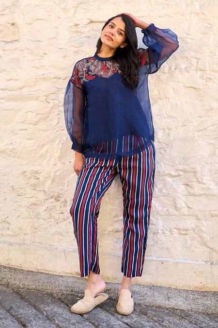 Ayaka Blue Silk Organza, Viscose Embroidery Round Neck Pam Yoke Sheer Top Online at Aza Fashions Ayaka_Blue Silk Organza, Viscose Embroidery Round Neck Pam Yoke Sheer Top _Online_at_Aza_Fashions