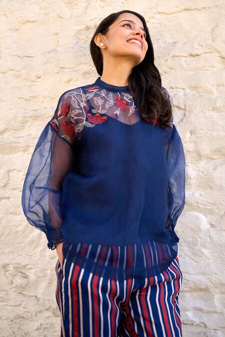 Buy Ayaka Blue Silk Organza, Viscose Embroidery Round Neck Pam Yoke Sheer Top Online at Aza Fashions Buy_Ayaka_Blue Silk Organza, Viscose Embroidery Round Neck Pam Yoke Sheer Top _Online_at_Aza_Fashions