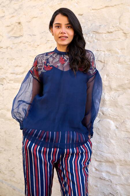 Shop Ayaka Blue Silk Organza, Viscose Embroidery Round Neck Pam Yoke Sheer Top Online at Aza Fashions Shop_Ayaka_Blue Silk Organza, Viscose Embroidery Round Neck Pam Yoke Sheer Top _Online_at_Aza_Fashions