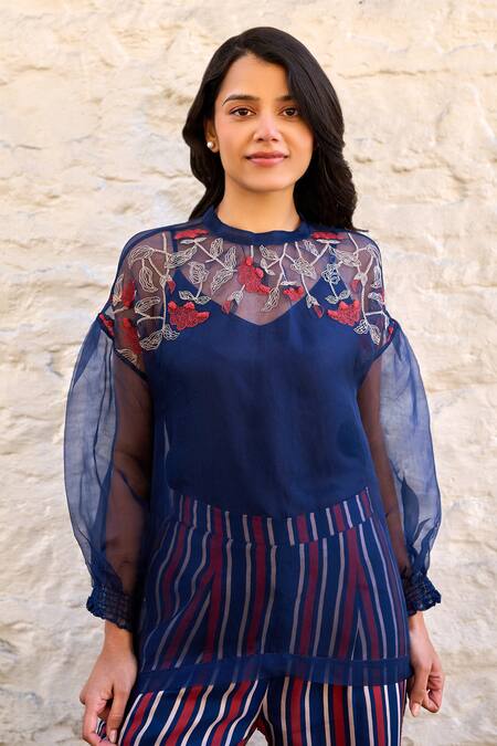 Ayaka Blue Silk Organza, Viscose Embroidery Round Neck Pam Yoke Sheer Top at Aza Fashions Ayaka_Blue Silk Organza, Viscose Embroidery Round Neck Pam Yoke Sheer Top _at_Aza_Fashions