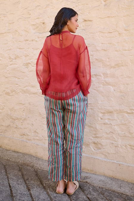 Shop Ayaka Red Silk Organza, Viscose Embroidery Round Neck Pam Floral Yoke Sheer Top at Aza Fashions Shop_Ayaka_Red Silk Organza, Viscose Embroidery Round Neck Pam Floral Yoke Sheer Top _at_Aza_Fashions