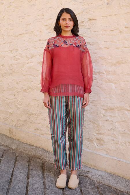 Ayaka Red Silk Organza, Viscose Embroidery Round Neck Pam Floral Yoke Sheer Top Online at Aza Fashions Ayaka_Red Silk Organza, Viscose Embroidery Round Neck Pam Floral Yoke Sheer Top _Online_at_Aza_Fashions