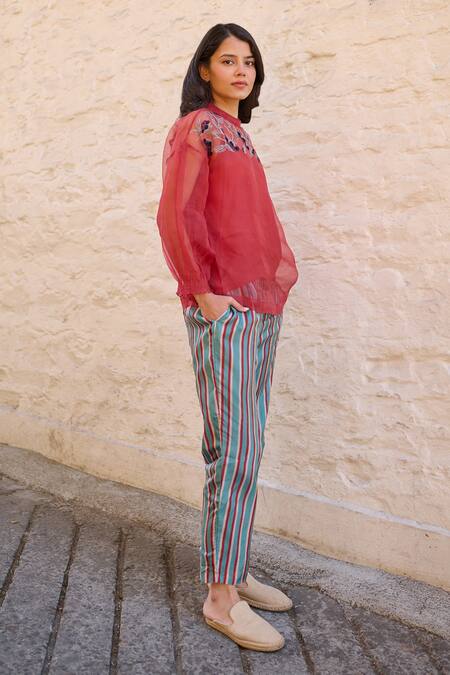 Buy Ayaka Red Silk Organza, Viscose Embroidery Round Neck Pam Floral Yoke Sheer Top Online at Aza Fashions Buy_Ayaka_Red Silk Organza, Viscose Embroidery Round Neck Pam Floral Yoke Sheer Top _Online_at_Aza_Fashions