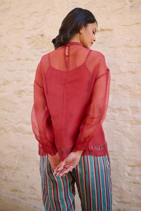 Shop Ayaka Red Silk Organza, Viscose Embroidery Round Neck Pam Floral Yoke Sheer Top Online at Aza Fashions Shop_Ayaka_Red Silk Organza, Viscose Embroidery Round Neck Pam Floral Yoke Sheer Top _Online_at_Aza_Fashions