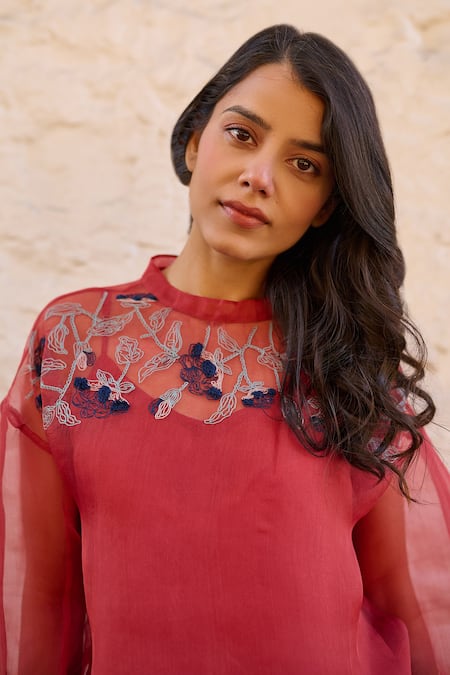 Ayaka Red Silk Organza, Viscose Embroidery Round Neck Pam Floral Yoke Sheer Top at Aza Fashions Ayaka_Red Silk Organza, Viscose Embroidery Round Neck Pam Floral Yoke Sheer Top _at_Aza_Fashions