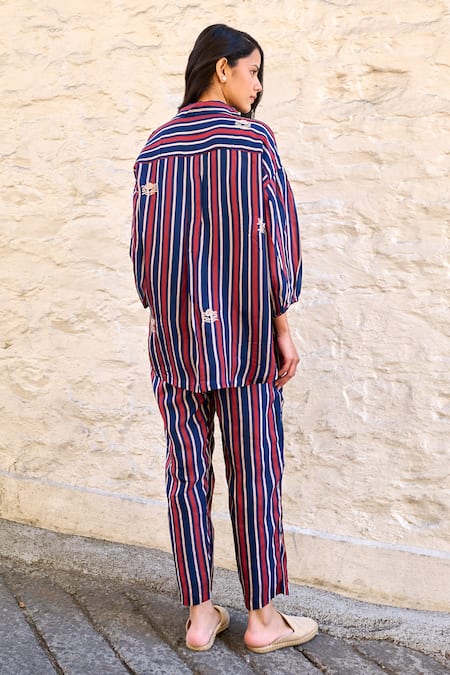 Shop Ayaka Blue Viscose Embroidery Collared Gwen Stripe Pattern Shirt at Aza Fashions Shop_Ayaka_Blue Viscose Embroidery Collared Gwen Stripe Pattern Shirt _at_Aza_Fashions