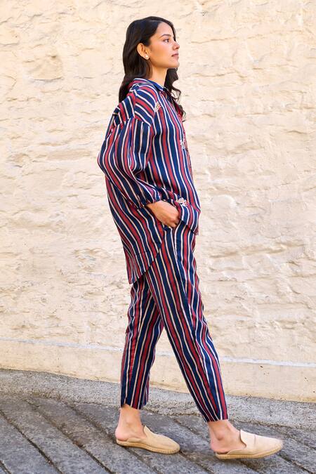 Ayaka Blue Viscose Embroidery Collared Gwen Stripe Pattern Shirt Online at Aza Fashions Ayaka_Blue Viscose Embroidery Collared Gwen Stripe Pattern Shirt _Online_at_Aza_Fashions