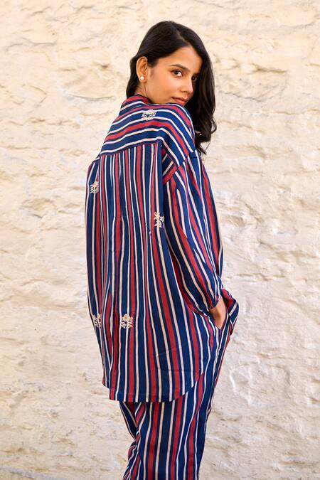 Buy Ayaka Blue Viscose Embroidery Collared Gwen Stripe Pattern Shirt Online at Aza Fashions Buy_Ayaka_Blue Viscose Embroidery Collared Gwen Stripe Pattern Shirt _Online_at_Aza_Fashions