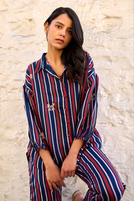 Shop Ayaka Blue Viscose Embroidery Collared Gwen Stripe Pattern Shirt Online at Aza Fashions Shop_Ayaka_Blue Viscose Embroidery Collared Gwen Stripe Pattern Shirt _Online_at_Aza_Fashions