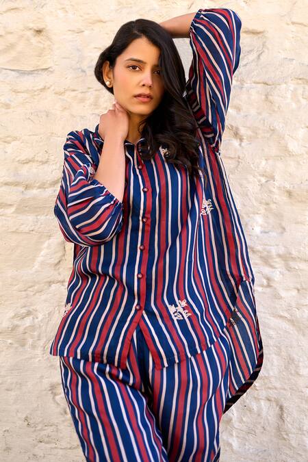 Ayaka Blue Viscose Embroidery Collared Gwen Stripe Pattern Shirt at Aza Fashions Ayaka_Blue Viscose Embroidery Collared Gwen Stripe Pattern Shirt _at_Aza_Fashions