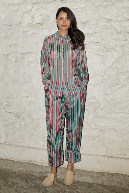 Ayaka Blue Viscose Tabby Stripe Floral Gwen Pattern Full Sleeve Shirt 