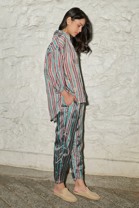 Shop_Ayaka_Blue Viscose Embroidery Collared Gwen Stripe Pattern Full Sleeve Shirt _at_Aza_Fashions