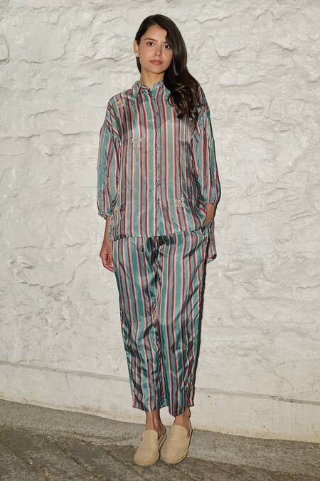 Ayaka_Blue Viscose Embroidery Collared Gwen Stripe Pattern Full Sleeve Shirt _Online_at_Aza_Fashions