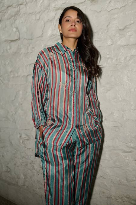 Buy_Ayaka_Blue Viscose Embroidery Collared Gwen Stripe Pattern Full Sleeve Shirt _Online_at_Aza_Fashions