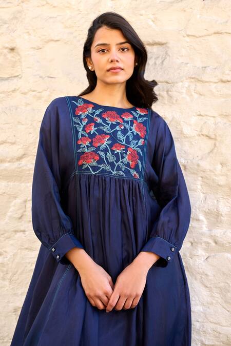 Ayaka Blue Cotton, Viscose Embroidery Round Neck Linda Bodice Dress Online at Aza Fashions Ayaka_Blue Cotton, Viscose Embroidery Round Neck Linda Bodice Dress _Online_at_Aza_Fashions