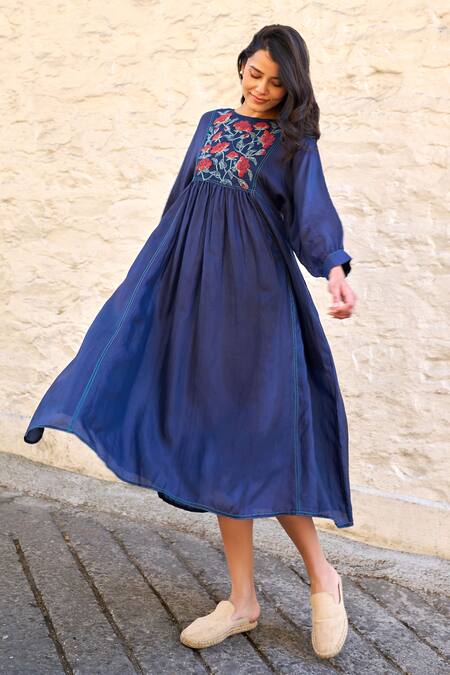 Buy Ayaka Blue Cotton, Viscose Embroidery Round Neck Linda Bodice Dress Online at Aza Fashions Buy_Ayaka_Blue Cotton, Viscose Embroidery Round Neck Linda Bodice Dress _Online_at_Aza_Fashions