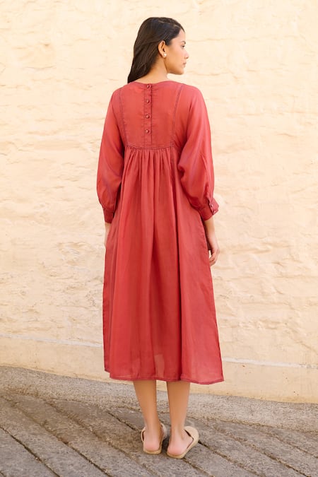 Shop_Ayaka_Red Cotton, Viscose Embroidery Round Neck Linda Floral Bodice Dress _at_Aza_Fashions