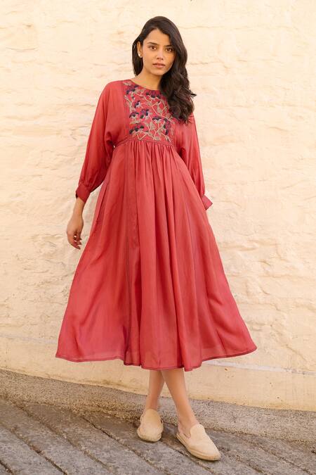 Ayaka_Red Cotton, Viscose Embroidery Round Neck Linda Floral Bodice Dress _Online_at_Aza_Fashions