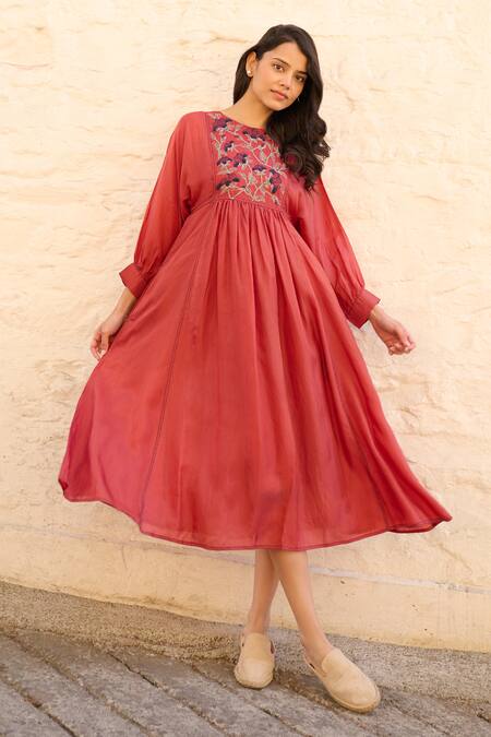 Buy_Ayaka_Red Cotton, Viscose Embroidery Round Neck Linda Floral Bodice Dress _Online_at_Aza_Fashions