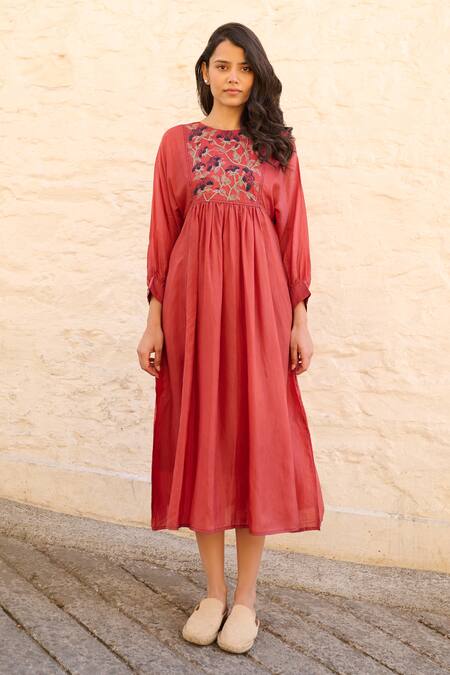 Shop_Ayaka_Red Cotton, Viscose Embroidery Round Neck Linda Floral Bodice Dress _Online_at_Aza_Fashions