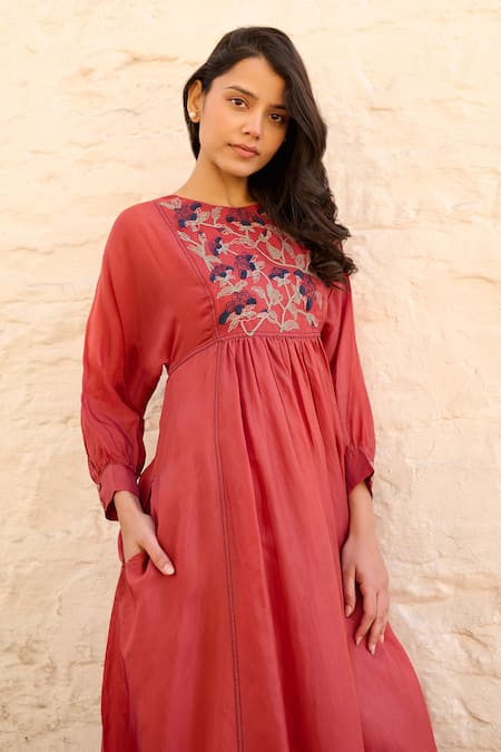 Ayaka_Red Cotton, Viscose Embroidery Round Neck Linda Floral Bodice Dress _at_Aza_Fashions