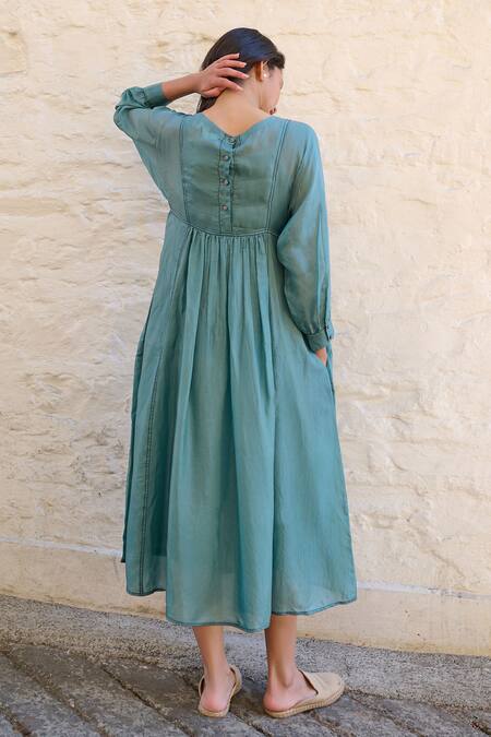 Shop_Ayaka_Blue Cotton, Viscose Embroidery Round Neck Linda Flower Bodice Dress _at_Aza_Fashions