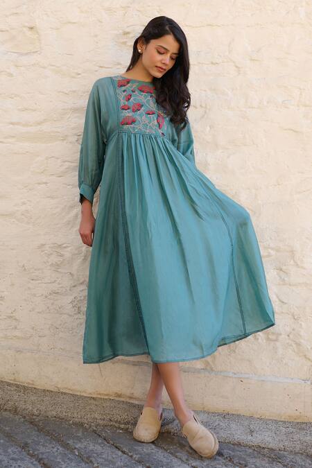 Ayaka_Blue Cotton, Viscose Embroidery Round Neck Linda Flower Bodice Dress _Online_at_Aza_Fashions