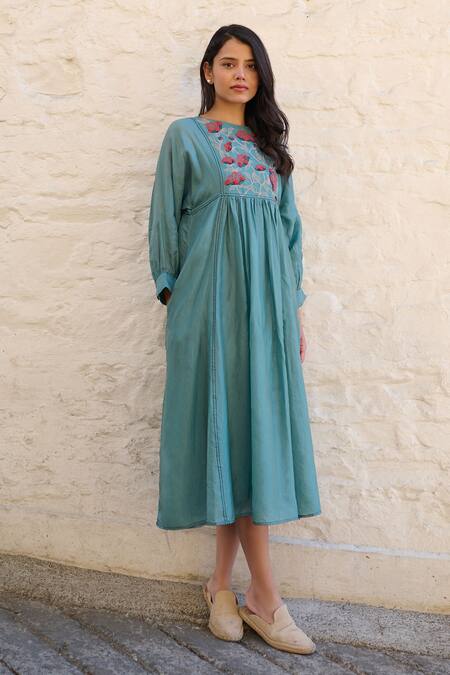 Buy_Ayaka_Blue Cotton, Viscose Embroidery Round Neck Linda Flower Bodice Dress _Online_at_Aza_Fashions