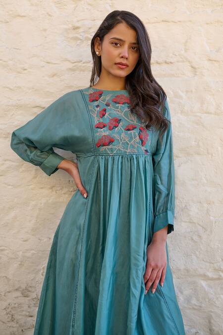 Shop_Ayaka_Blue Cotton, Viscose Embroidery Round Neck Linda Flower Bodice Dress _Online_at_Aza_Fashions